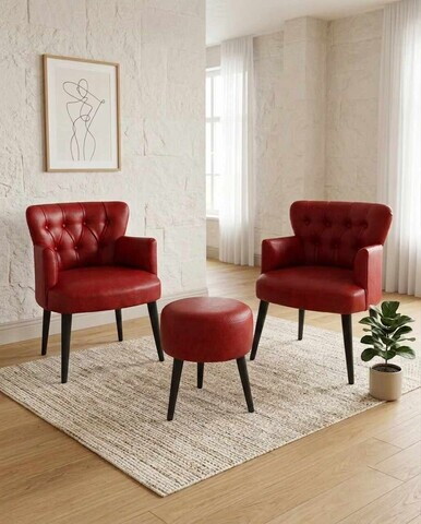 Set fotoliu cu aripioare și puf (3 piese), Atelier del Sofa, 281ELR1181, Rosu