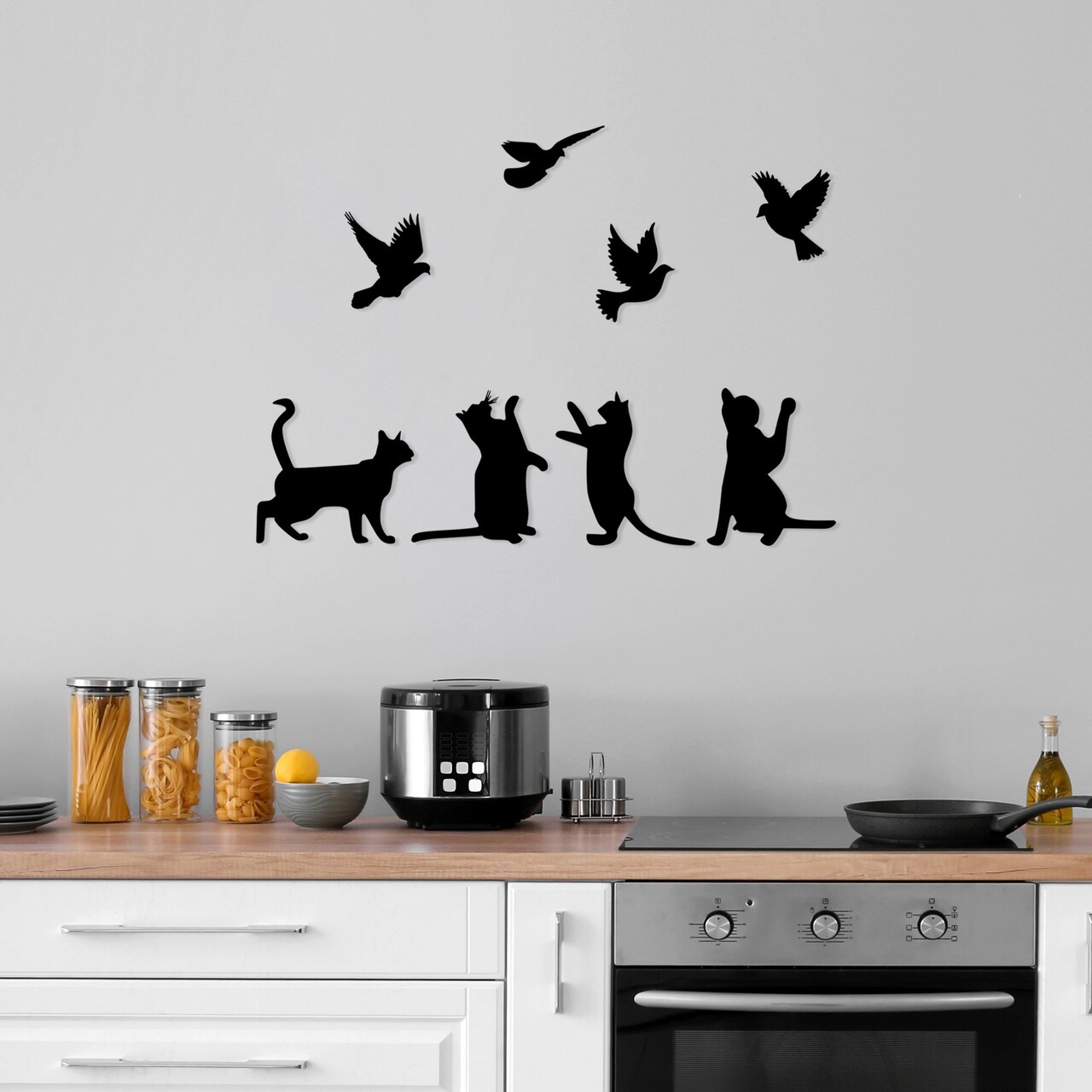 Decoratiune de perete, Birds Playing With Cats, Metal, Dimensiune: 110 x 79 cm, Negru - 1 | YEO