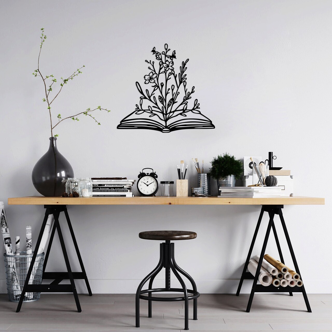 Decoratiune de perete, Flower In Book, Metal, Dimensiune: 70 x 64 cm, Negru - 1 | YEO