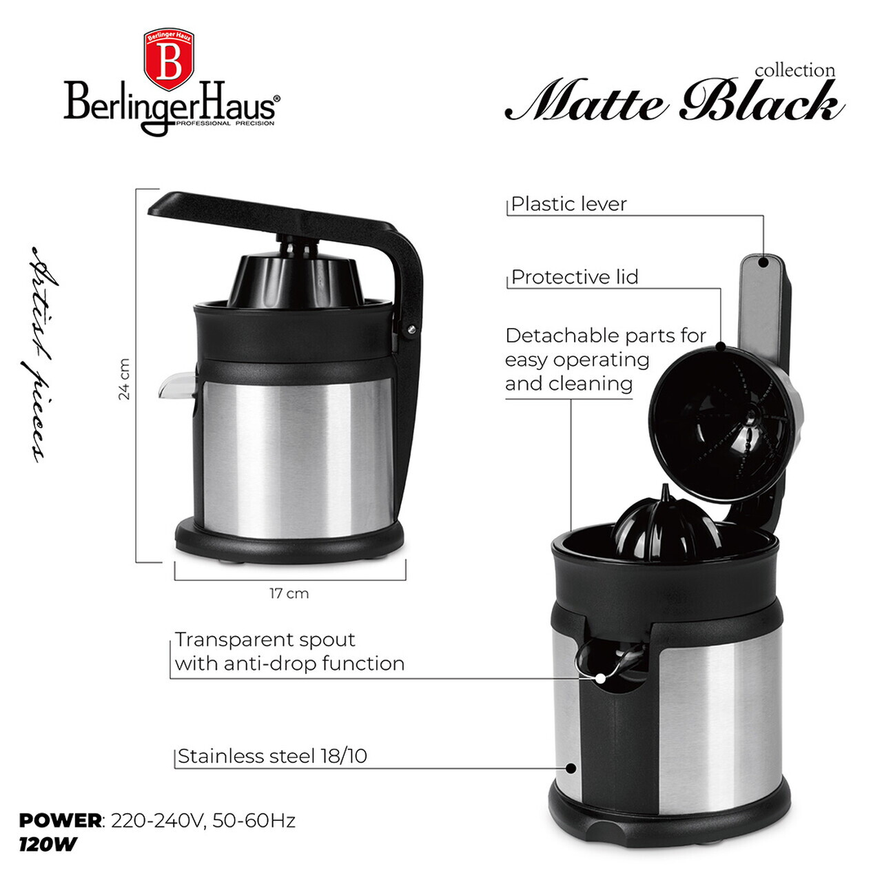 Storcator electric de citrice Berlinger Haus, Matte Black, 120W, plastic/inox, argintiu/negru - imagine 5