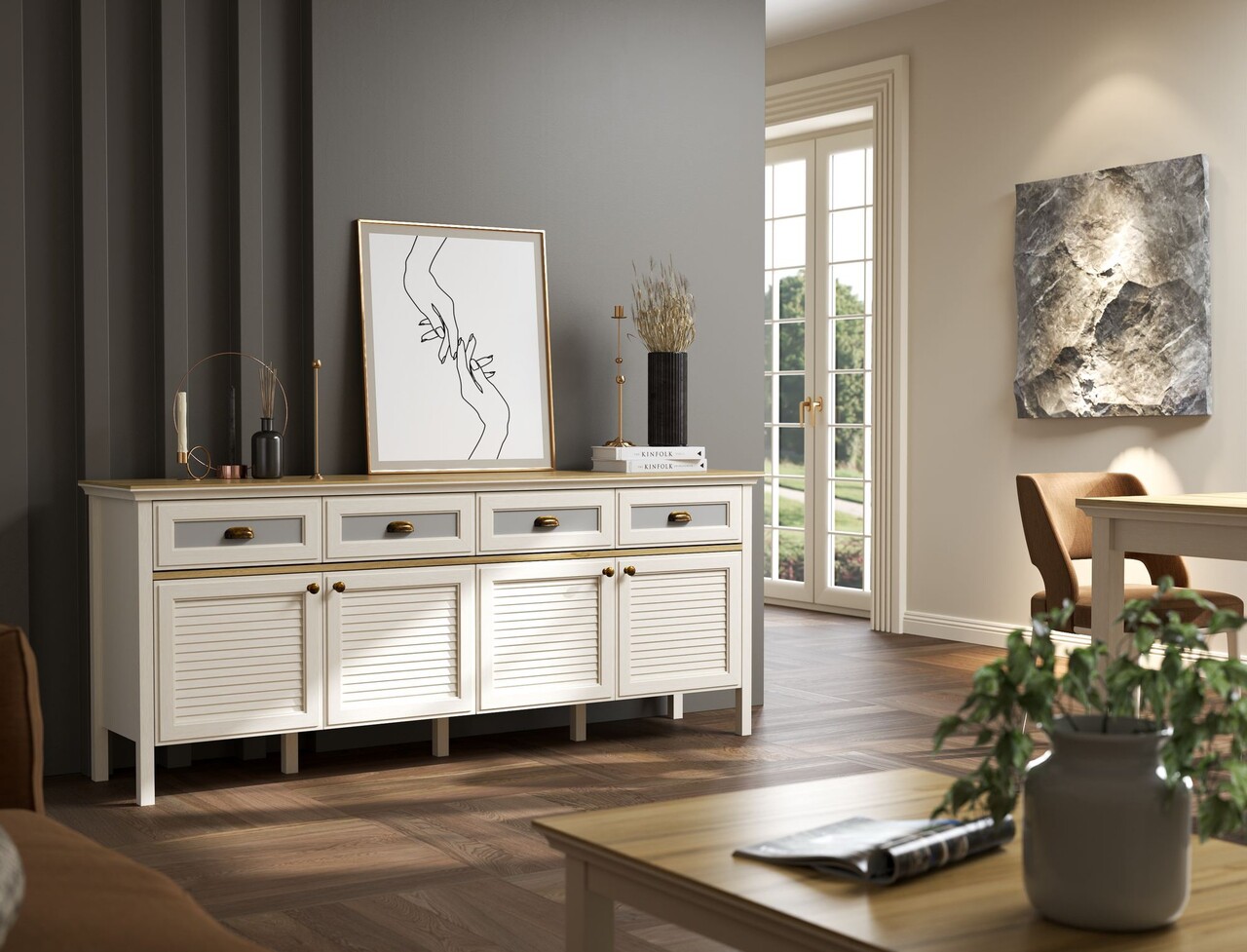 Consola, Hanah Home, FRN-21009, 200.4x82.1x44.2 cm, PAL, Crem / Stejar / Gri - view 5