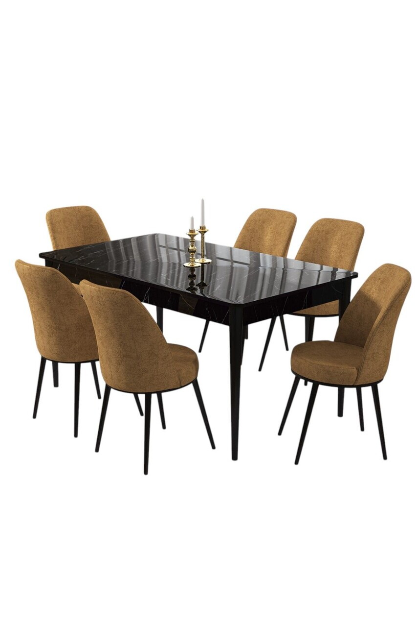 Set masa si scaune (7 piese), Hanah Home, Pir, Model de marmură neagră / Cappuccino — imaginea 2