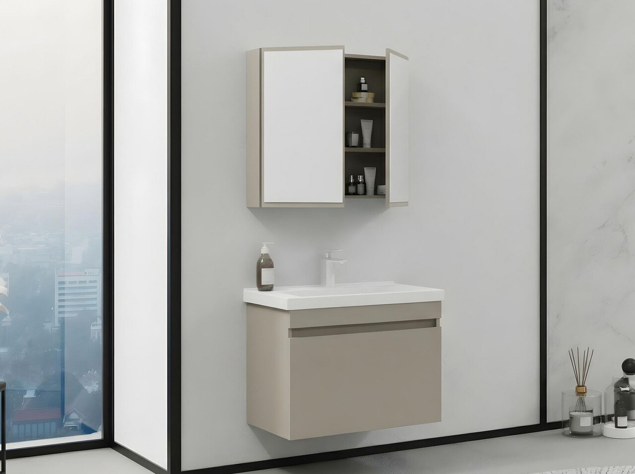 Set mobilier de baie (2 piese), Hanah Home, Bellezza 80, Latte - view 2