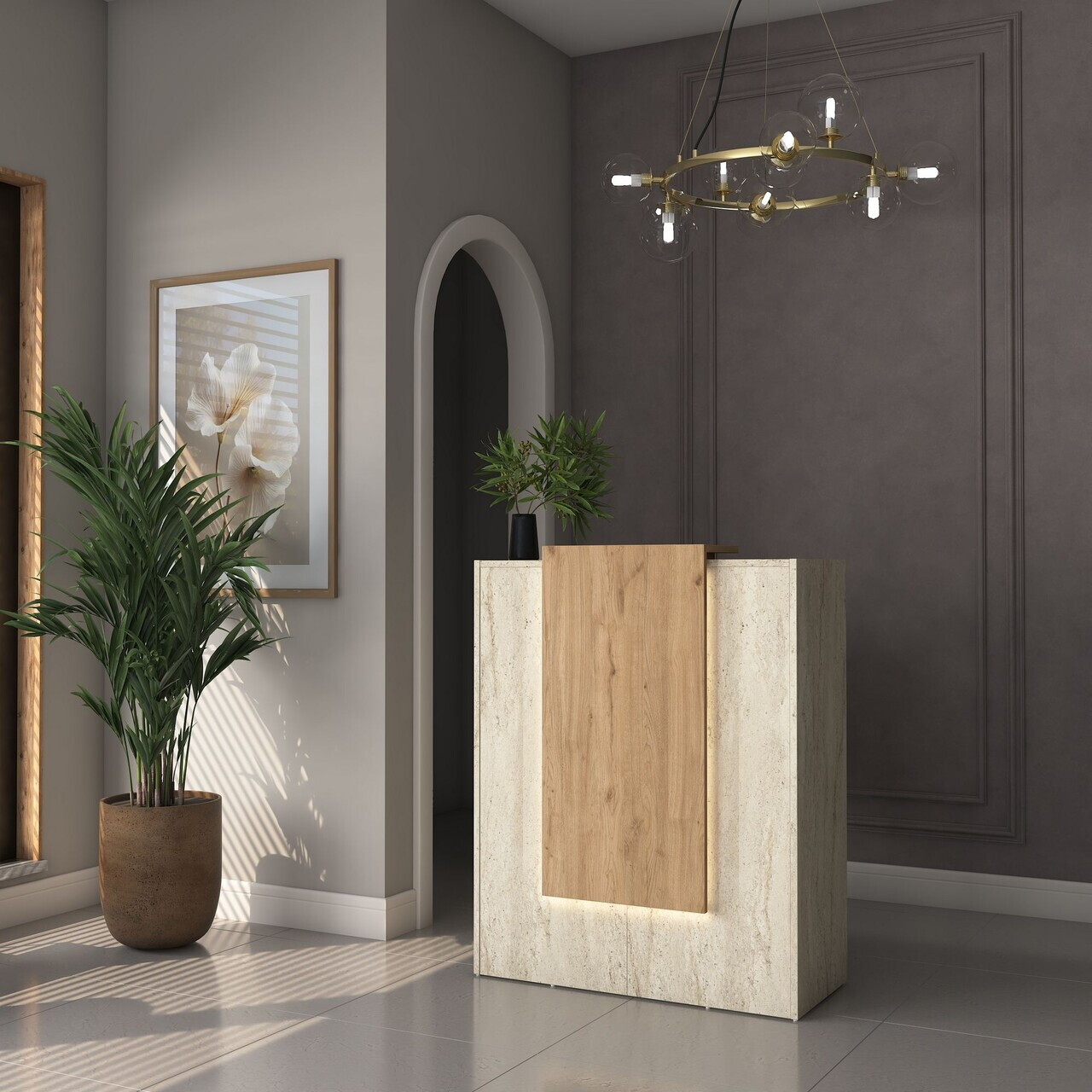Masa de receptie, Hanah Home, MA104, 90x110x40 cm, PAL melaminat, Travertin / Nuc - view 3