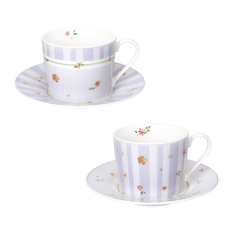 Set 2 cesti cu farfurie pentru ceai, Polline Lilac, Brandani, D15x7 cm, 200 ml, portelan New Bone China