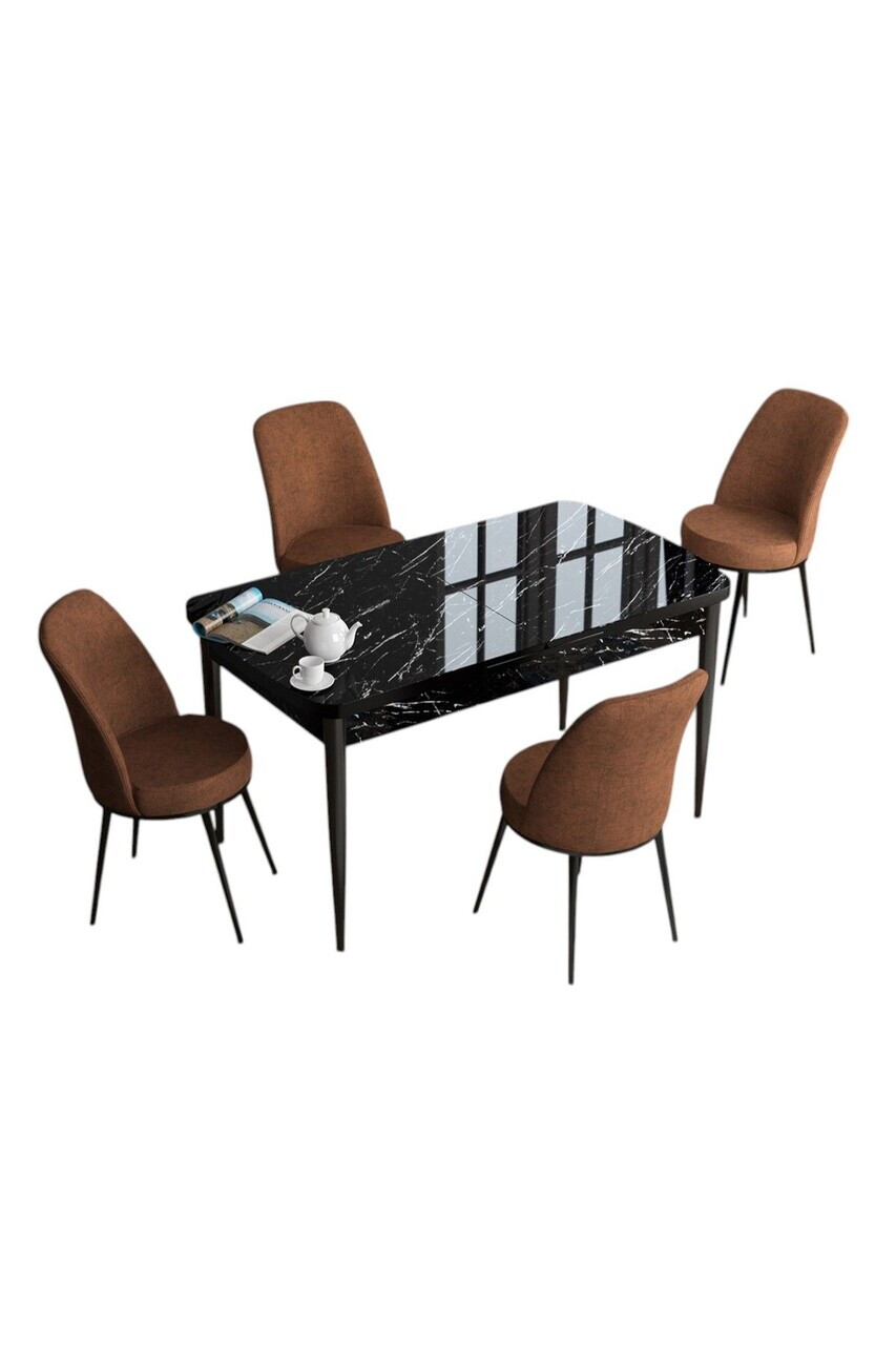 Set masa extensibila si scaune (5 piese), Hanah Home, Han, Model de marmură neagră / Teracotă — imaginea 2