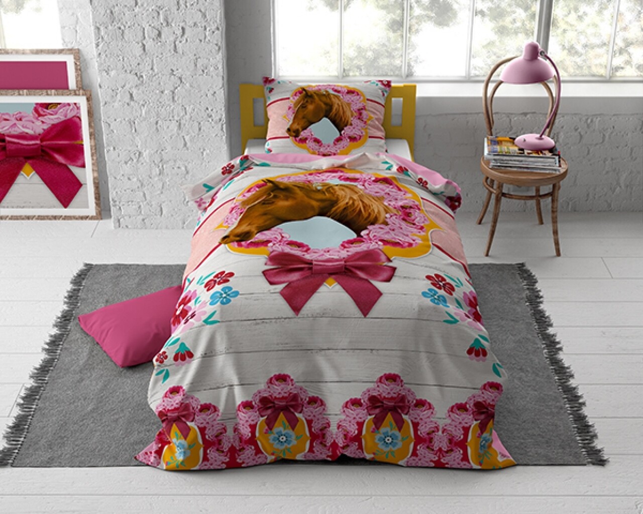 Lenjerie De Pat Pentru O Persoana, Cute Horse Pink, Dreamhouse, 2 Piese, 140x200 Cm, 100% Bumbac, Multicolora