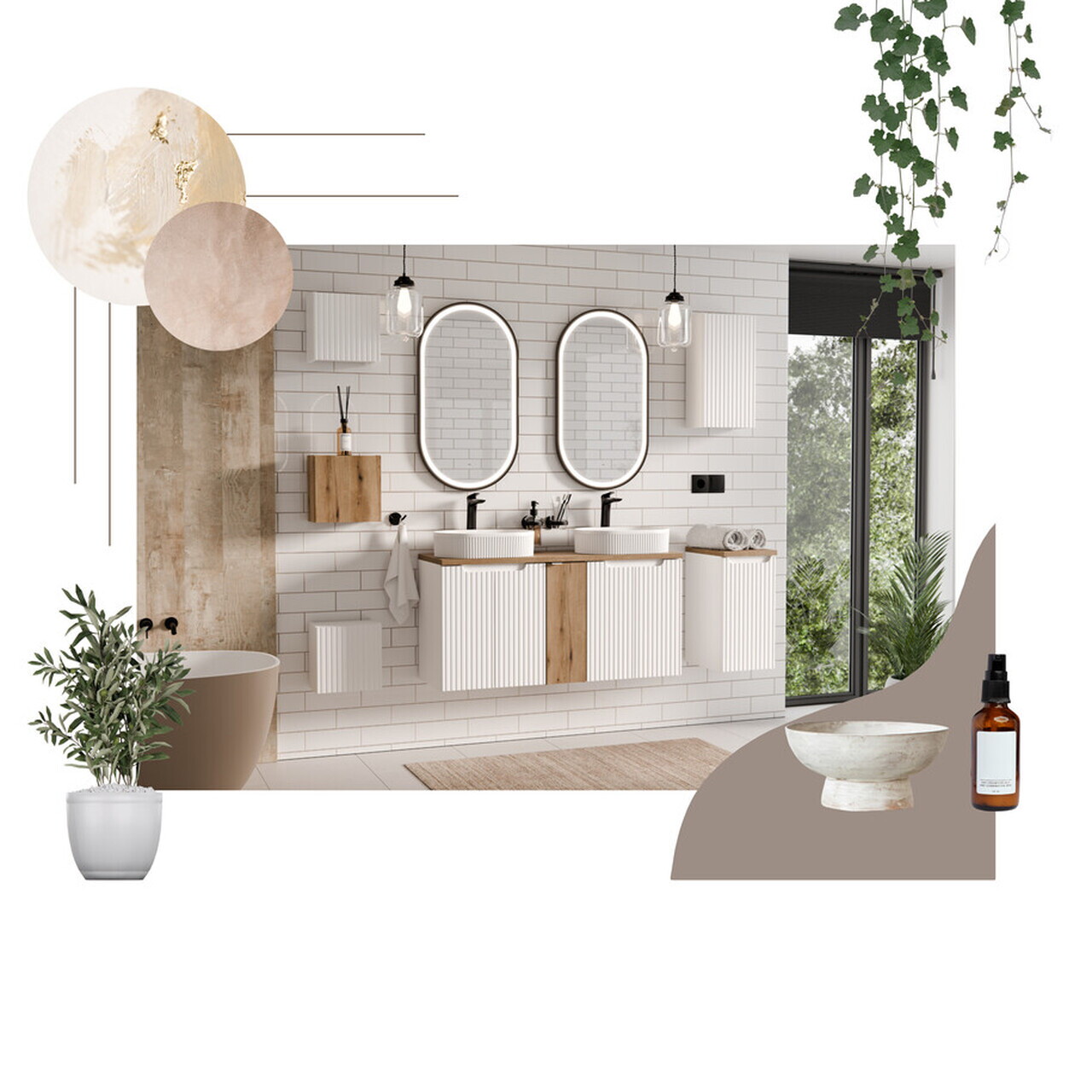 Set mobilier baie Nova White Beyond 140 cm D, dulap inalt si masca dubla cu lavoar, Comad, MDF/PAL, alb/stejar - view 2