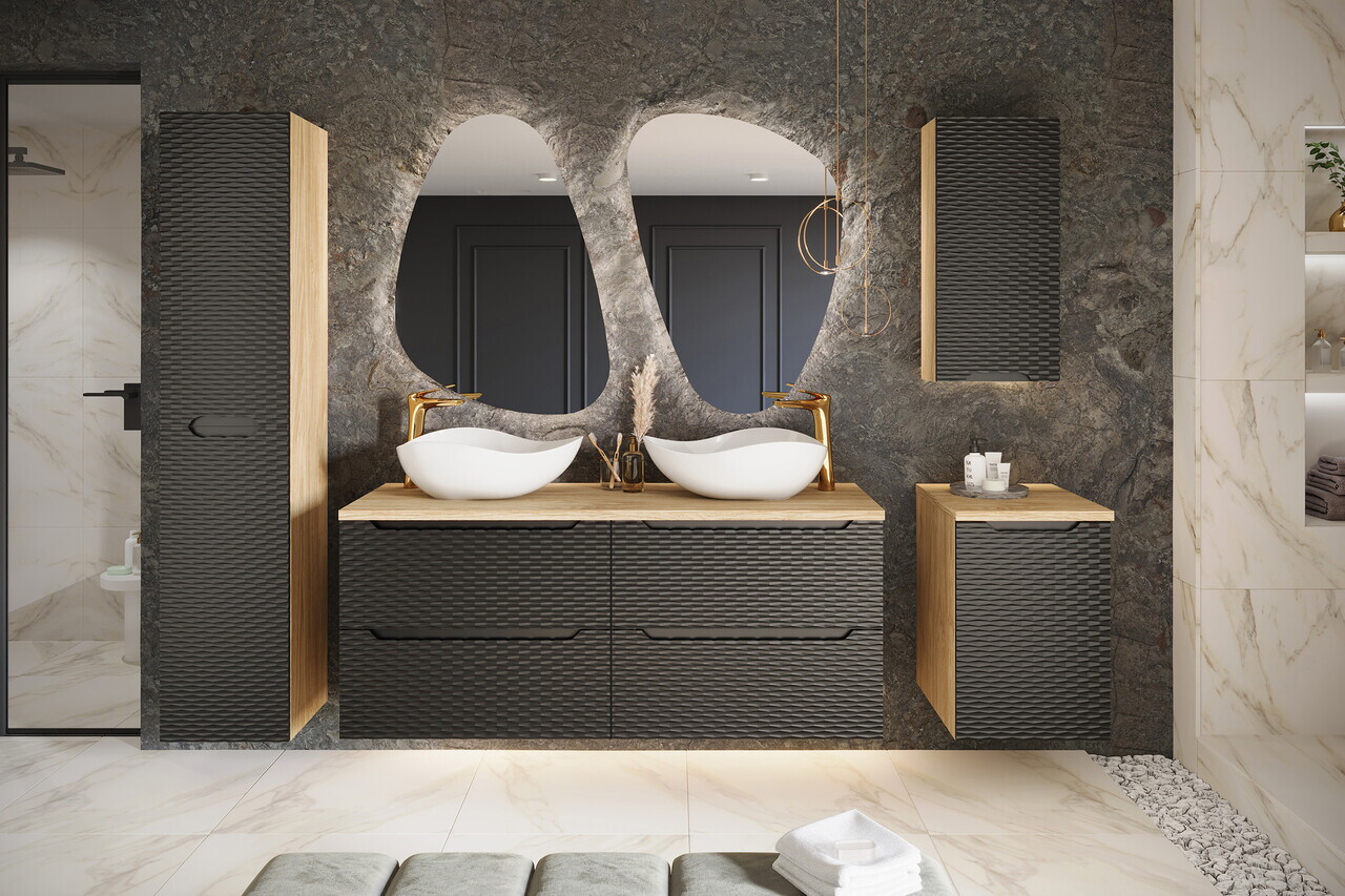 Dulap inalt cu usi, cu fixare pe perete, Ocean Black, Comad, 35x33x170 cm, MDF/PAL laminat, negru mat/stejar — imaginea 4