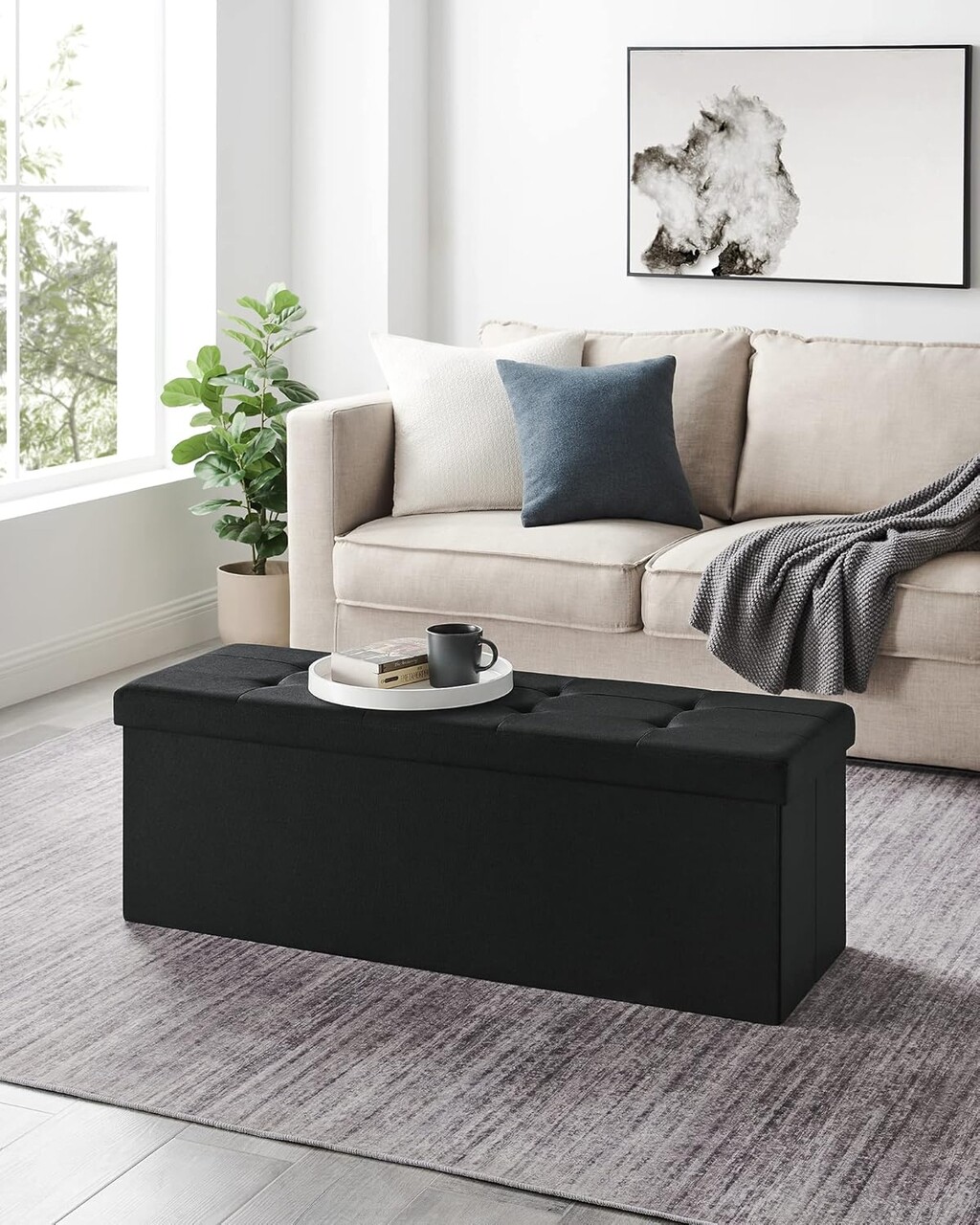 Bancheta cu spatiu de depozitare Songmics 110x38x38 cm max 300 kg MDF/imitatie de in negru