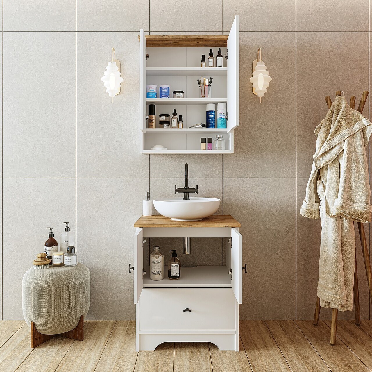 Set Dulap de Baie cu Chiuvetă și Oglindă (2 Piese), Hanah Home, 2408, MDF-LAM, Alb mat — imaginea 3
