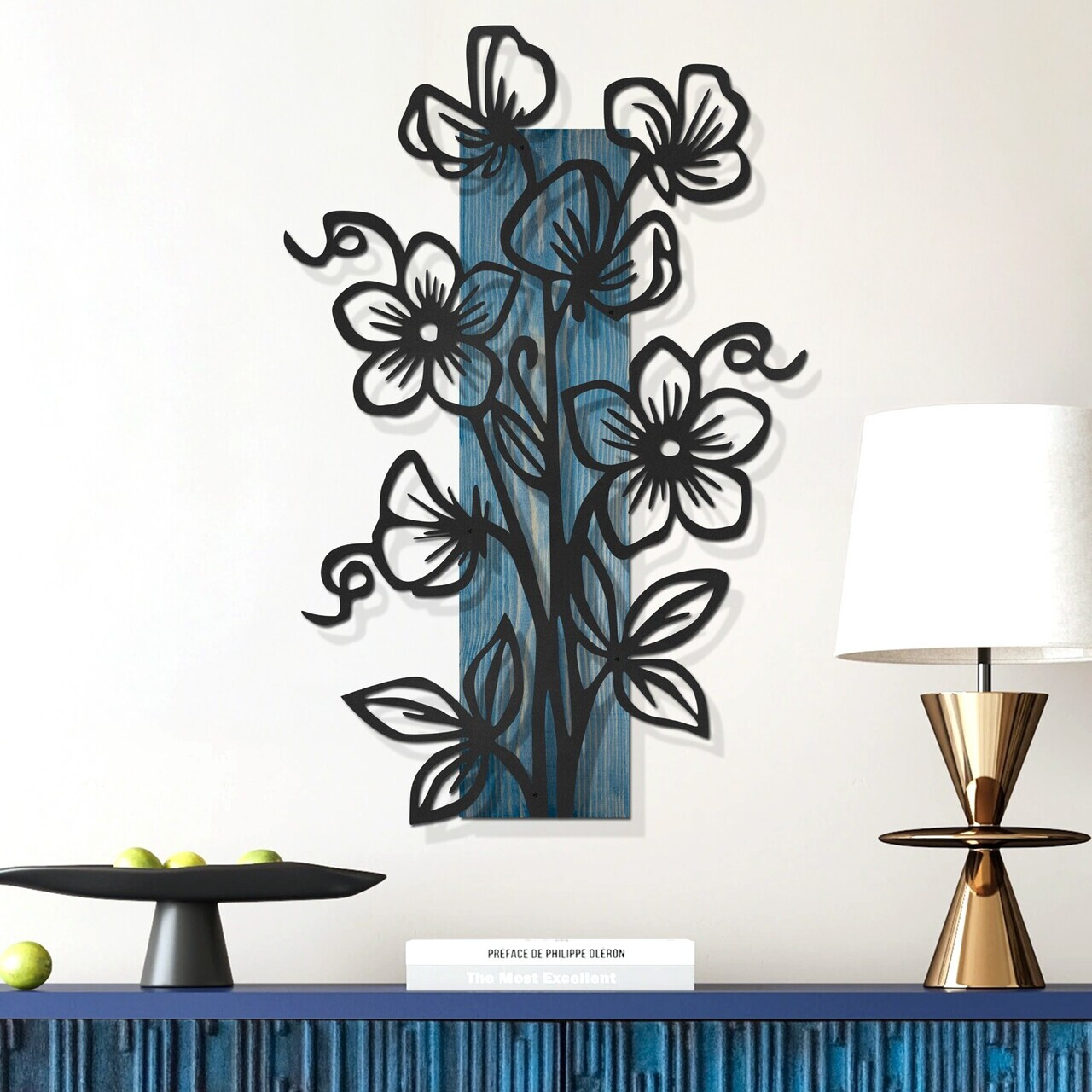 Decoratiune de perete, Fleuria, Cadru: Lemn (Grosime: 2 cm), Albastru/Negru — imaginea 3