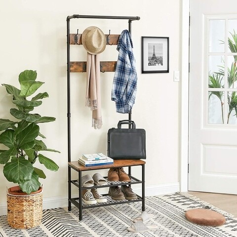 Cuier cu bancheta si pantofar, Vasagle, 66 x 32.5 x 183 cm, fier/PAL, maro rustic