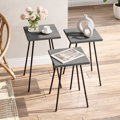 Set 3 masute de cafea, Locelso, LZ1-RG, pal melaminat/metal, gri/negru cafea imagine noua 2022