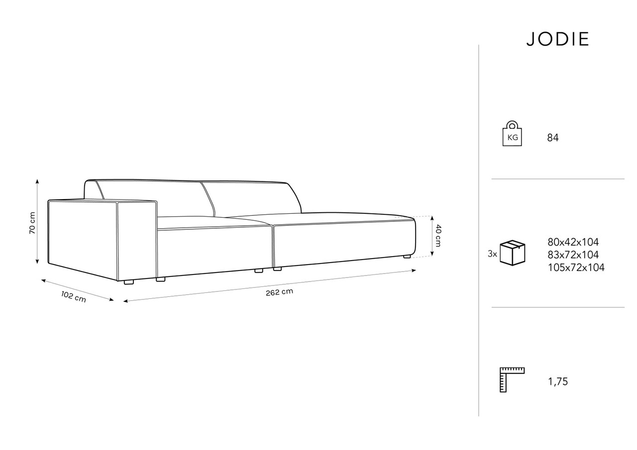 Canapea 3 locuri cotiera dreapta, Jodie, Micadoni Home, BL, forma rotunjita, 262x102x70 cm, catifea, gri