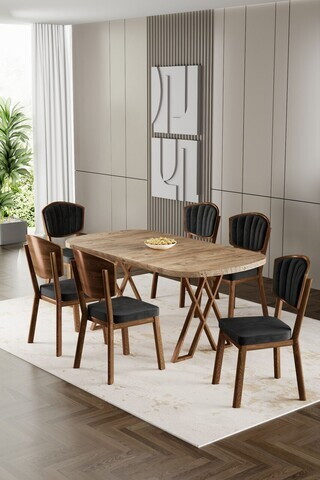 Set masa si scaune (7 piese), Hanah Home, Flori, Pin / Aspect de lemn / Negru