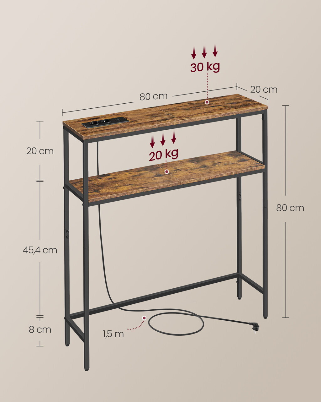 Consola cu priza si USB, Vasagle, 80x20x80 cm, PAL/otel, maro rustic/negru - imagine 6