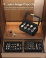 Cutie de ceasuri cu 3 niveluri Ronne, Songmics, 27.3x16.3x20.5 cm, 8 compartimente, piele ecologica/metal, negru/gri
