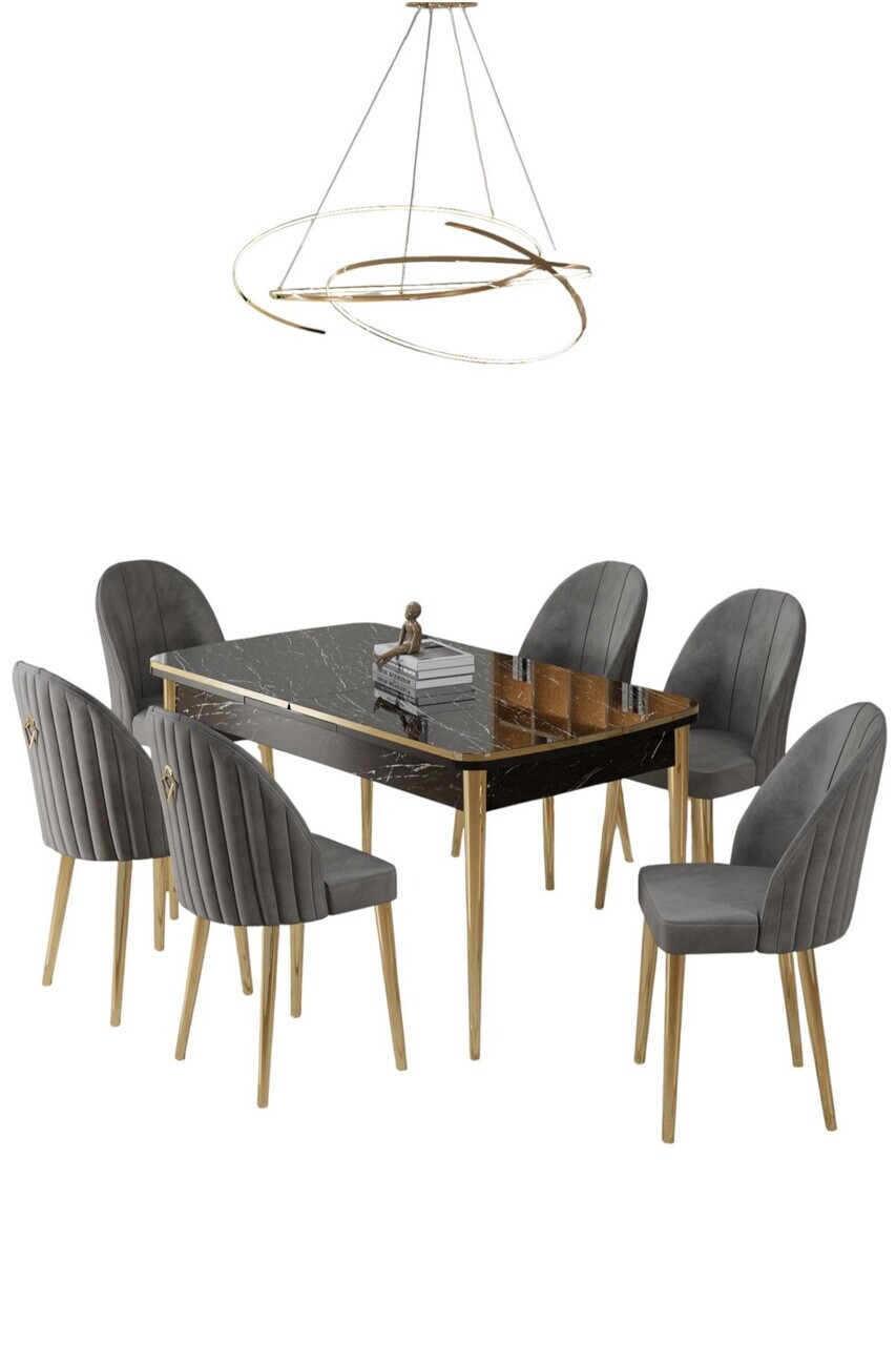 Set masa extensibila si scaune (7 piese), Hanah Home, Rada, Model de marmură neagră / Auriu / Gri — imaginea 2