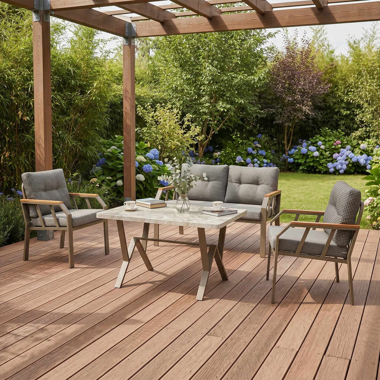 Set mobilier de gradina Hanah Home Nergiz 2+1+1 Metal Negru / Alb / Auriu