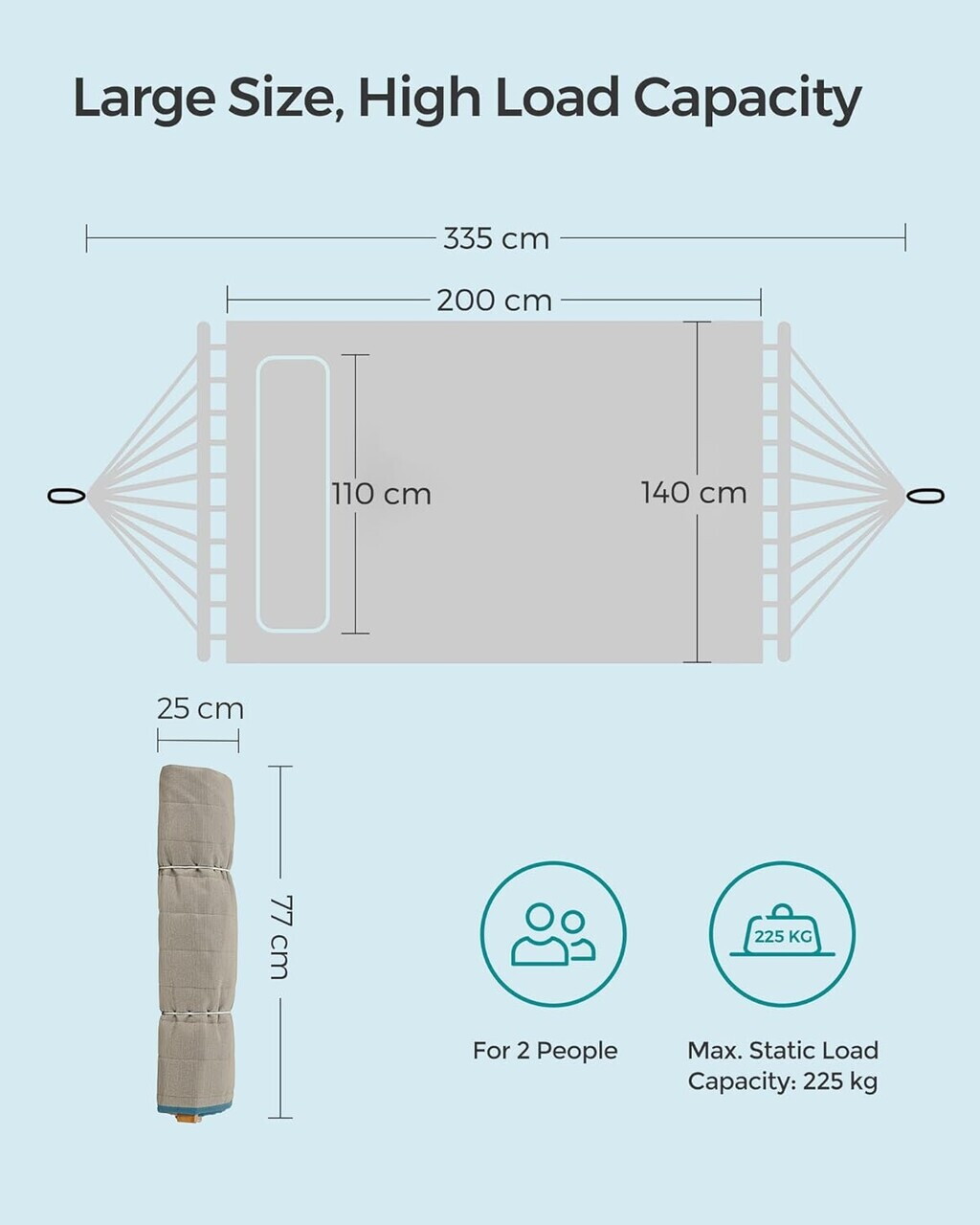 Hamac dublu captusit 200x140 cm, cu bare din bambus curbate detasabile, perna inclusa, max 225 kg, poliester - imagine 2