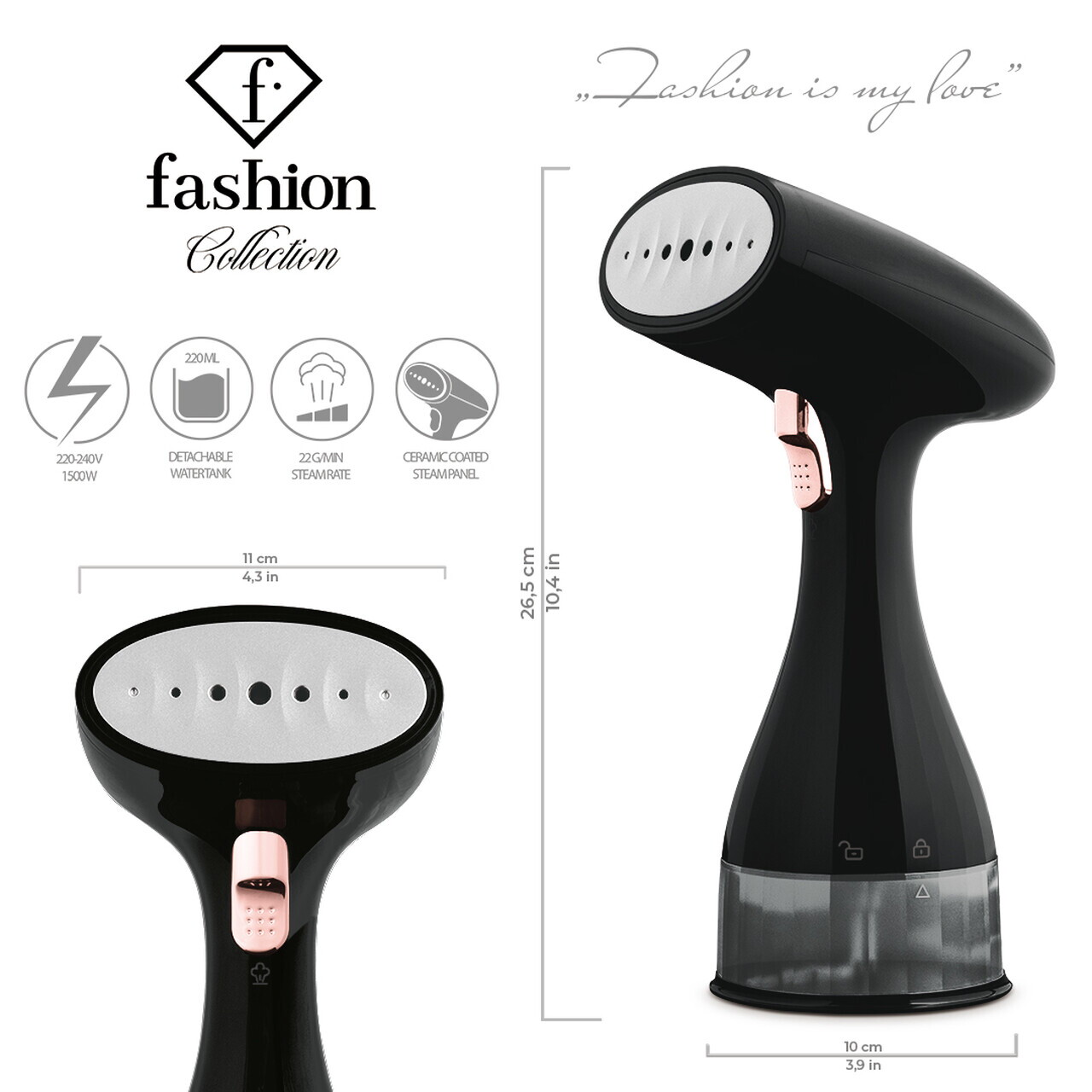 Aparat de calcat cu aburi Fashion TV, Matte Black-Rose Gold, 1500W, 220 ml, invelis ceramic, negru - imagine 6