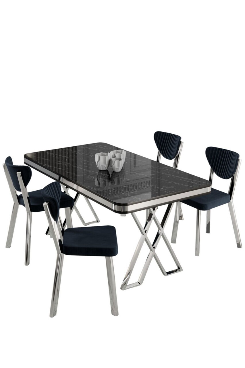 Set masa si scaune (5 piese), Hanah Home, Raja, Model de marmură neagră / Crom / Antracit — imaginea 2