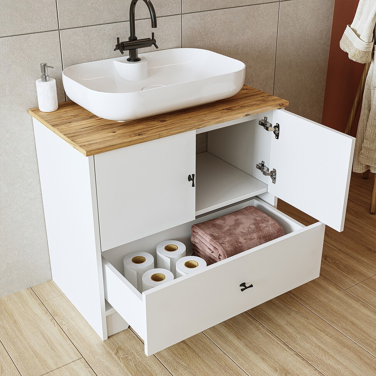 Set Dulap de Baie cu Chiuvetă și Oglindă (3 Piese), Hanah Home, 2394, MDF-LAM, Alb mat — imaginea 5