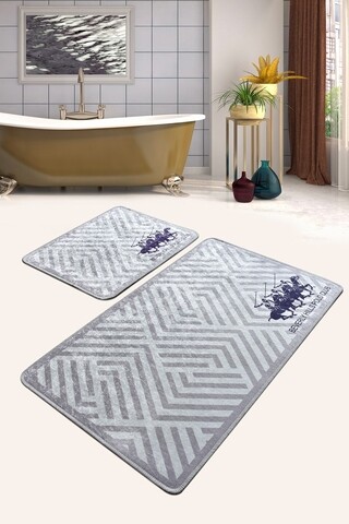 Set 2 covorase de baie platin djt, beverly hills polo club, 60x100 cm/50x60 cm, catifea, albastru/gri