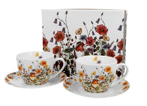 Set 2 cesti cu farfurioara, Duo, Wild Bird, 280 ml, portelan, multicolor