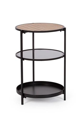 Masuta de cafea cu 3 rafturi Haldor, Bizzotto, D40x60.5 cm, otel/MDF/sticla temperata, negru/natural