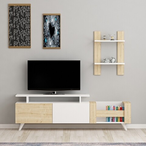 Comoda TV cu raft de perete Ikon, Arnetti, 140 x 43.8 cm/60 x 32 cm, oak/alb 140