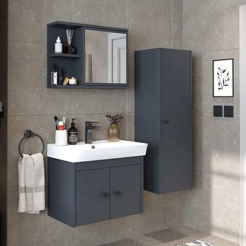 Set Dulap de Baie cu Chiuvetă și Oglindă (3 Piese), Hanah Home, 2869, PAL MELAMINAT, Antracit