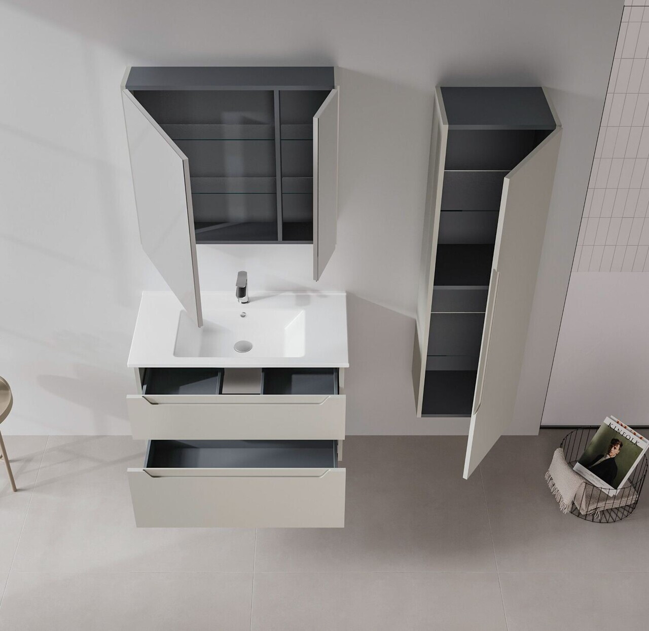 Dulap de baie cu chiuvetă, Hanah Home, Messina 85 v2, Cașmir mat — imaginea 3