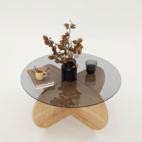 Masuta de cafea, Neostill, Bubble, 75x35x75 cm, Sticla temperata , Stejar / Fume