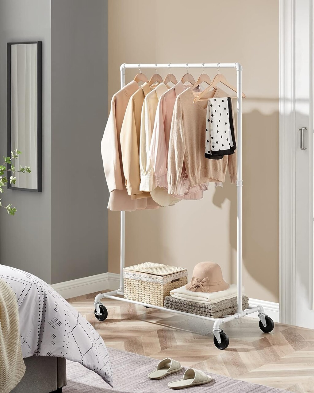 Suport mobil pentru umerase, Songmics, 100x49x163 cm, max 90 kg, otel, alb - imagine 6