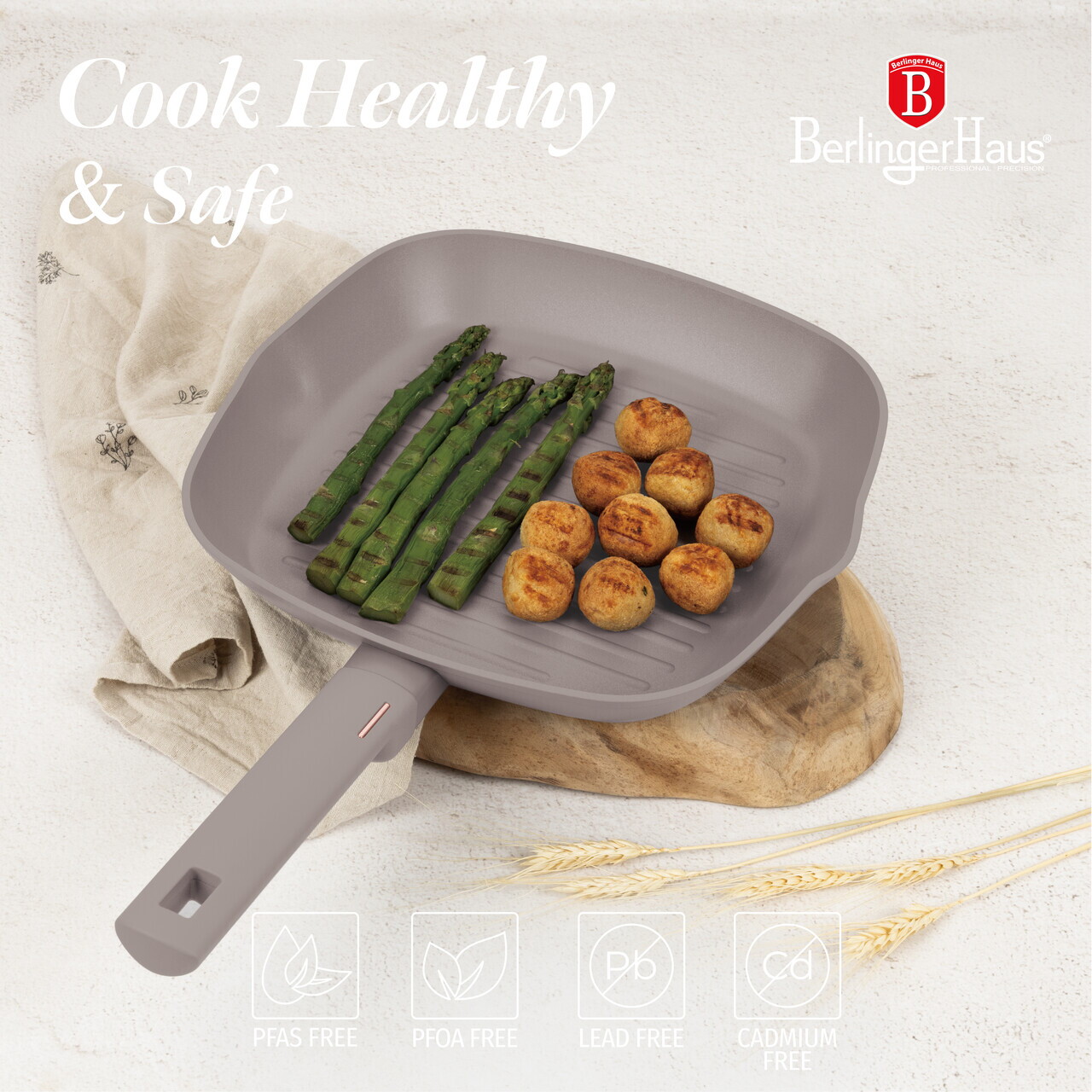Tigaie grill Berlinger Haus, Taupe, 28 cm, 2.1 L, aluminiu forjat, taupe mat - imagine 10