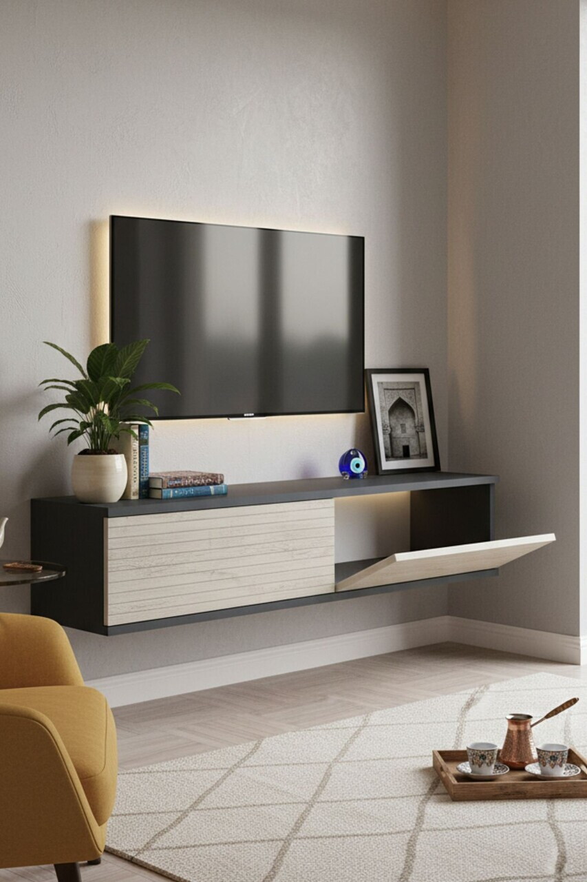 Dulap, Hanah Home, Zeynep 120, 120x25.5x29.6 cm, Antracit / Travertin — imaginea 3