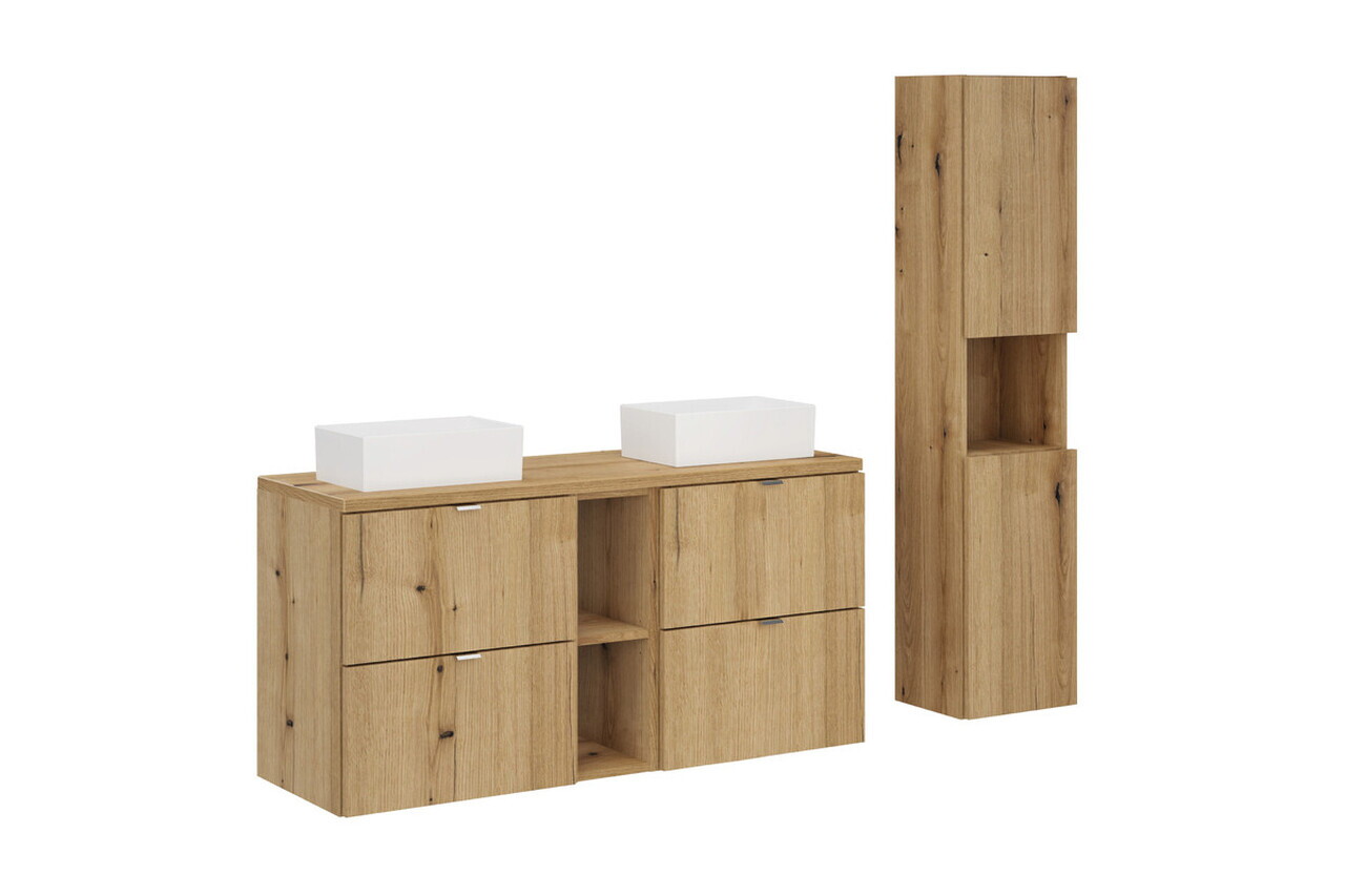 Set mobilier baie, Nova Oak 120 cm, dulap inalt si masca dubla cu lavoar, Comad, PAL, stejar