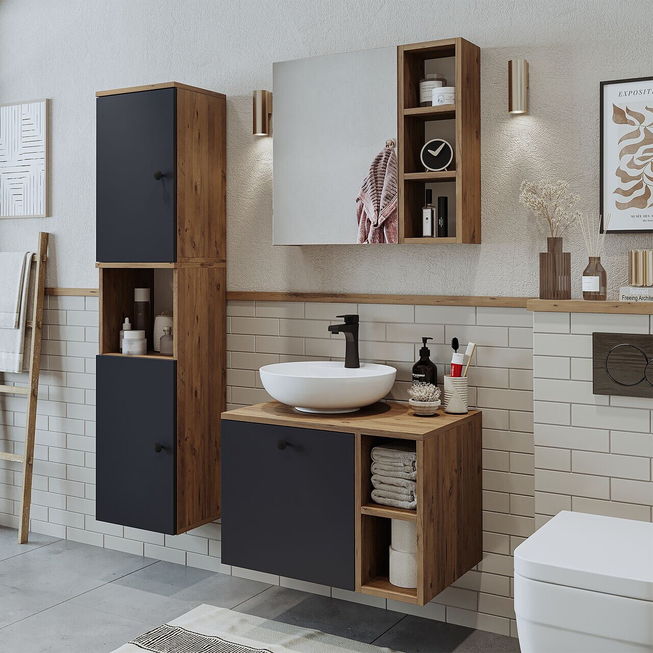 Set Dulap de Baie cu Chiuvetă și Oglindă (3 Piese), Hanah Home, 2471, MDF, Pin Atlantic / Antracit