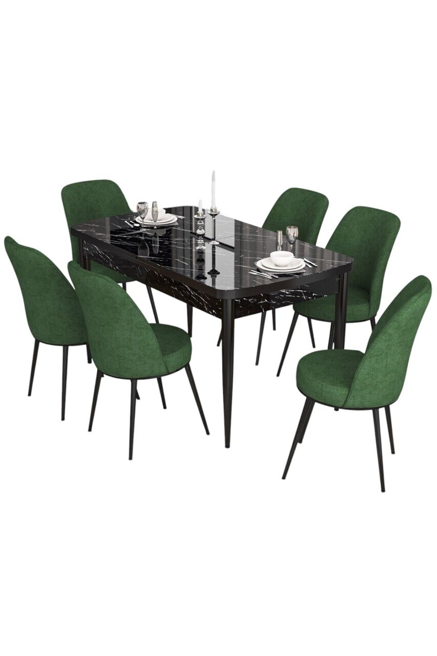 Set masa extensibila si scaune (7 piese), Hanah Home, Via, Model de marmură neagră / Verde kaki — imaginea 2