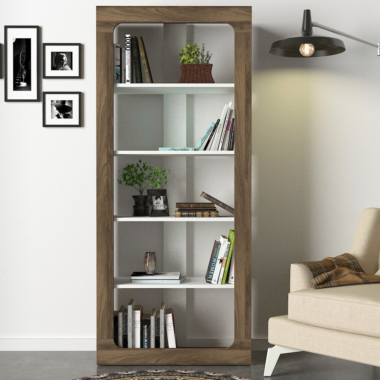 Biblioteca Rentes, Talon, 75 X 31.3 X 180 Cm, Alb/walnut