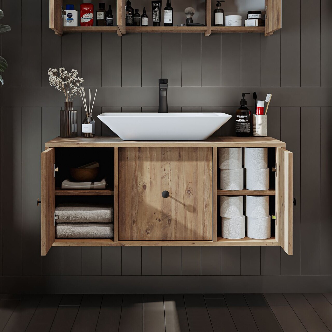 Dulap de baie cu chiuvetă, Hanah Home, 2542, 105x56.5x45 cm, MDF, Maro — imaginea 4