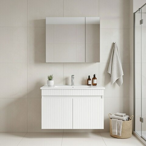 Set Dulap de Baie cu Chiuvetă și Oglindă (2 Piese), Hanah Home, Tivoli 85, Alb mat