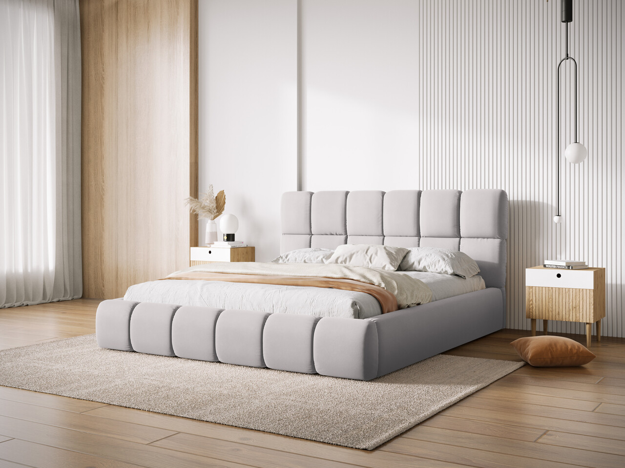 Pat tapitat cu tablie si lada depozitare Bellis Micadoni Home BL 140x200 cm catifea argintiu