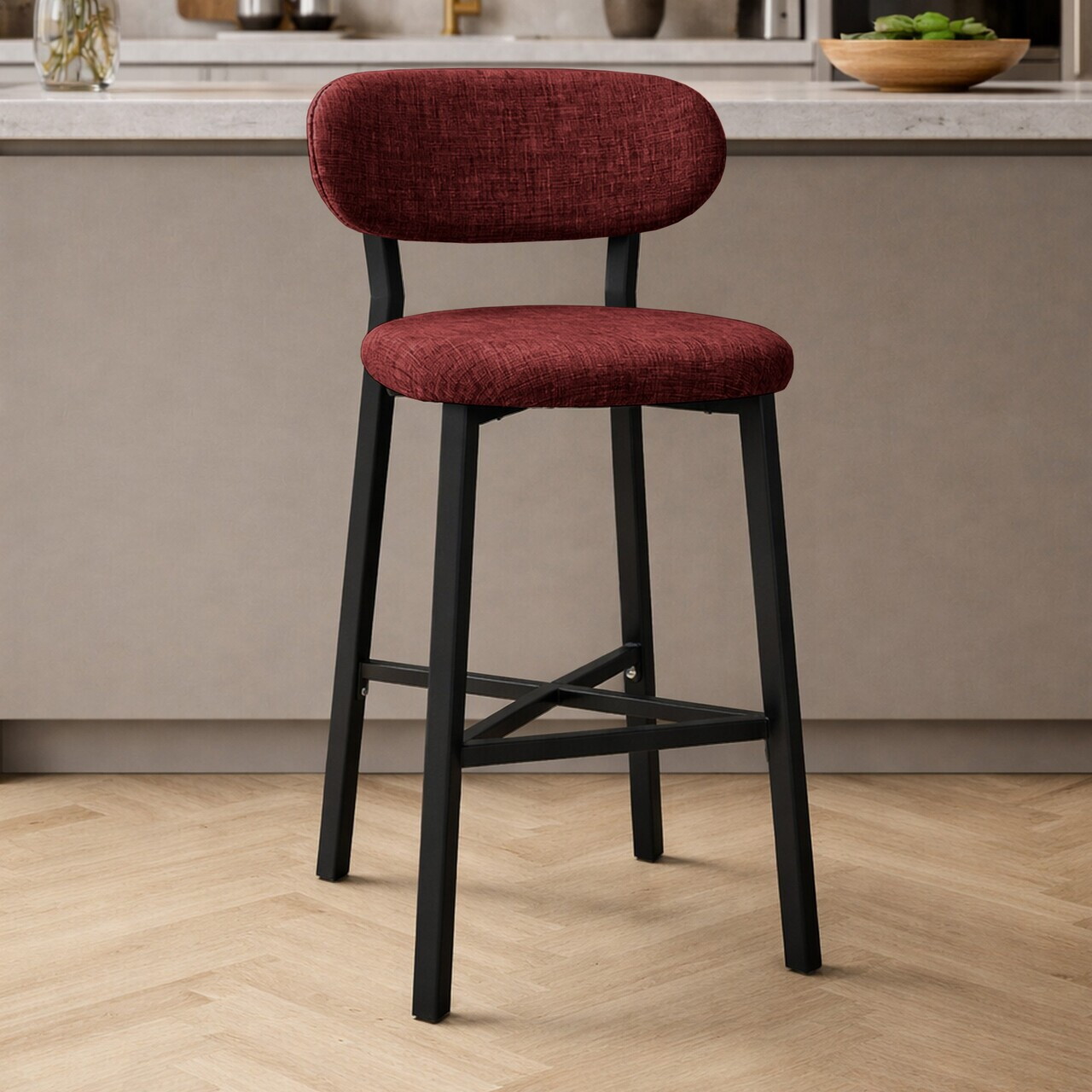 Scaun de bar, Hanah Home, Luna, 42x100x45 cm, Fier/Poliester/In, Bordo — imaginea 2