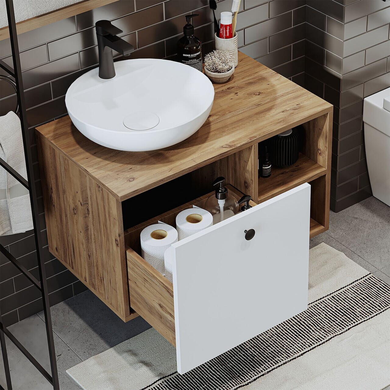 Dulap de baie cu chiuvetă, Hanah Home, 2456, 75x58x45 cm, MDF, Pin Atlantic / Alb — imaginea 4