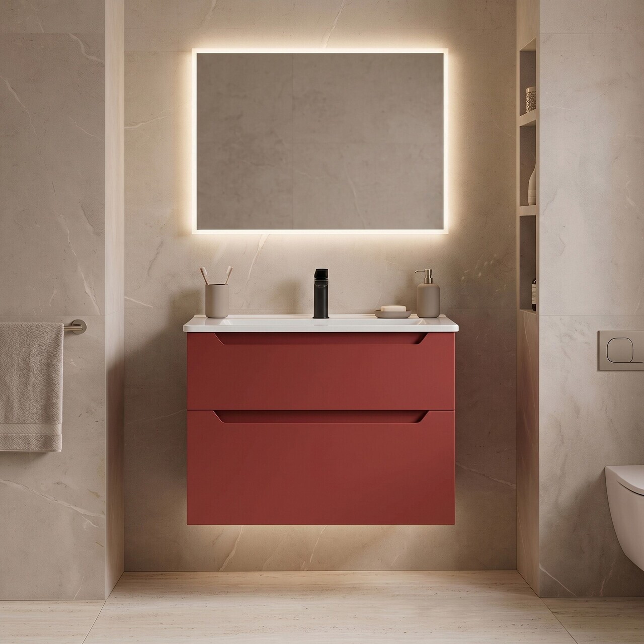 Dulap de baie cu chiuvetă, Hanah Home, Messina 65 v2, Roșu Mat