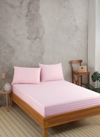 Set de pat pentru o persoana (cearceaf cu elastic si perna) 2 piese, Water Yollu Saten - Powder, EnLora Home, Bumbac;Poliester