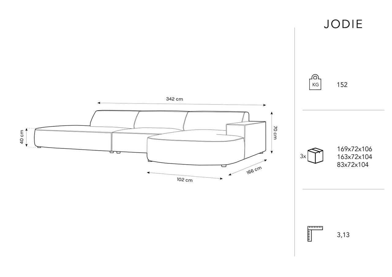 Coltar dreapta 4 locuri, Jodie, Micadoni Home, BL, forma rotunjita, 342x166x70 cm, catifea, negru